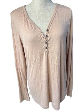 Three Dots Womens Beige Long-Sleeve Henley Top Viscose Blend Made In Mexico XL